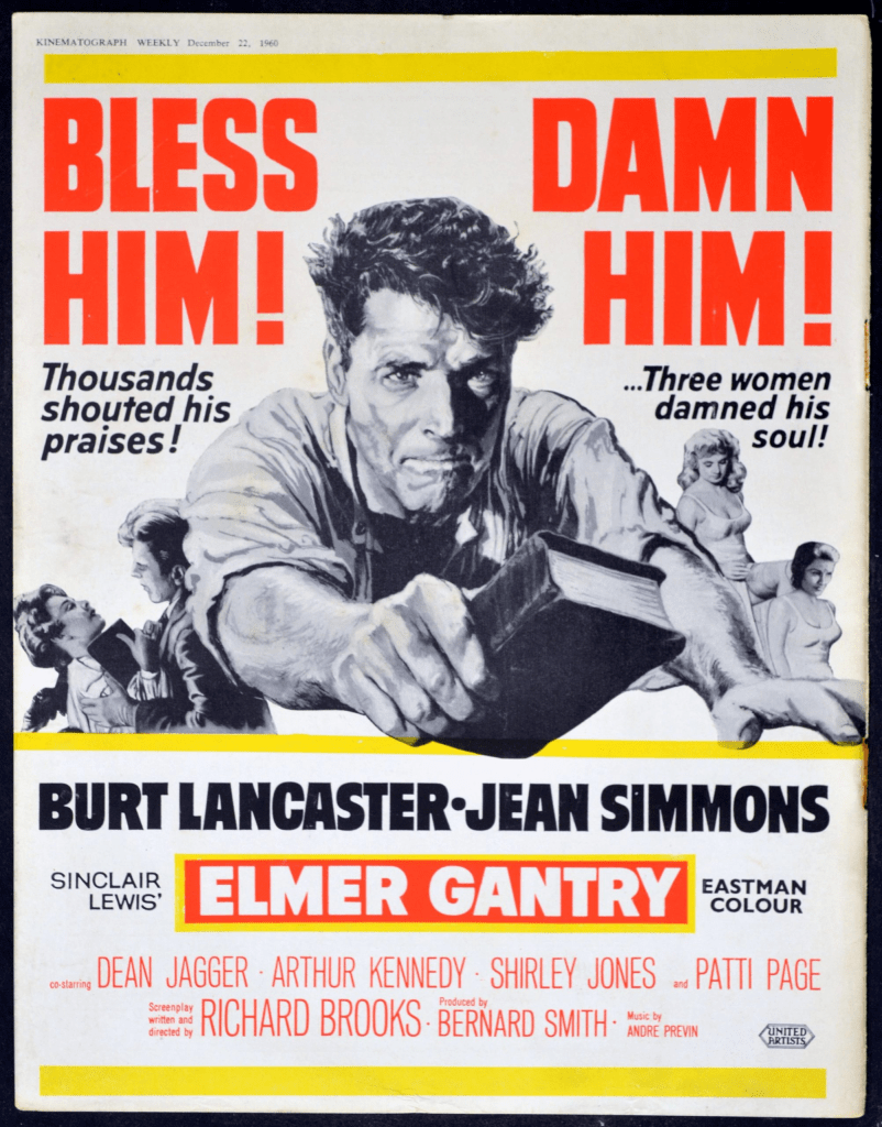 A vintage movie poster for 'Elmer Gantry' featuring Burt Lancaster and Jean Simmons, with a dramatic layout highlighting the contrasting slogans 'Bless Him!' and 'Damn Him!' along with images of characters from the film.