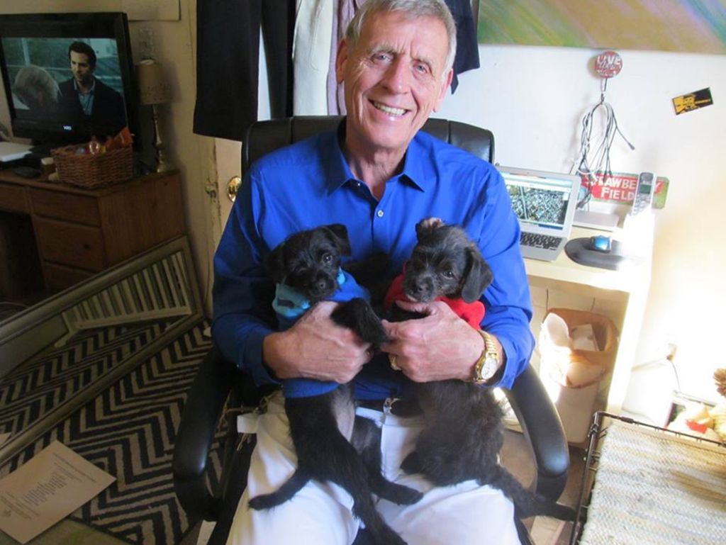A smiling man holding two small puppies, one wearing a blue collar and the other in a red sweater, while seated in an office with various items in the background.